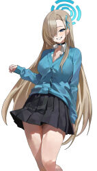 Rule 34 | 1girl, absurdres, asuna (blue archive), black choker, black skirt, blue archive, blue cardigan, blue eyes, blue halo, blue ribbon, blush, breasts, cardigan, choker, feet out of frame, grin, hair over one eye, hair ribbon, halo, highres, large breasts, light brown hair, long hair, long sleeves, pleated skirt, ribbon, riel (ataraxia2334), simple background, skirt, smile, solo, white background