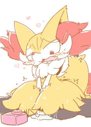 Rule 34 | 1girl, :3, animal ear fluff, animal ears, animal nose, between legs, black fur, blush, body fur, braixen, constricted pupils, controller, creatures (company), fang, female focus, female masturbation, flat chest, fox ears, fox girl, fox tail, furry, furry female, game freak, gen 6 pokemon, hand between legs, heart, looking down, masturbation, multicolored fur, nettsuu, nintendo, open mouth, own hands together, pokemon, pokemon (creature), puddle, pussy juice, red eyes, remote control, remote control vibrator, sex toy, sideways mouth, simple background, sitting, sketch, snout, solo, sweat, tail, tears, trembling, v arms, vibrator, vibrator cord, wariza, white background, white fur, yellow fur