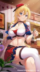Rule 34 | 1girl, artist request, black choker, blonde hair, blue eyes, breasts, choker, cleavage, collarbone, crop top, cropped jacket, crossed legs, fork, girl cafe gun, grin, groin, highres, holding, jacket, jewelry, juno emmons, large breasts, long hair, looking at viewer, midriff, miniskirt, navel, necklace, open clothes, open jacket, red headwear, red skirt, shirt, short sleeves, sideways hat, single thighhigh, sitting, skirt, smile, solo, stomach, striped clothes, striped skirt, thigh strap, thighhighs, waitress, white jacket, white shirt, white thighhighs