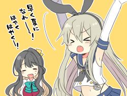 Rule 34 | &gt;:o, &gt; &lt;, 10s, 2girls, :o, anchor hair ornament, armpits, arms up, black hair, blonde hair, bow, bowtie, elbow gloves, closed eyes, gloves, hair bow, hair ornament, highleg, highleg panties, kantai collection, long hair, microskirt, multicolored hair, multiple girls, naganami (kancolle), nagasioo, navel, panties, pink hair, pleated skirt, sailor collar, school uniform, serafuku, shimakaze (kancolle), simple background, skirt, translated, two-tone hair, underwear, upper body, v-shaped eyebrows, white gloves, yellow background