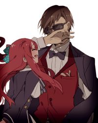 Rule 34 | 10s, 1boy, 1girl, ^ ^, ahoge, arms behind back, bad id, bad pixiv id, bow, bowtie, brown hair, closed eyes, commentary request, covering own mouth, hair bow, hair ornament, hiiragi fuyuki, jacket, jacket on shoulders, long hair, minamoto sakura, open mouth, polka dot, polka dot bow, red hair, red vest, round teeth, school uniform, shirt, short hair, sideways mouth, simple background, sunglasses, tatsumi koutarou, teeth, upper body, upper teeth only, vest, white background, white shirt, zombie land saga