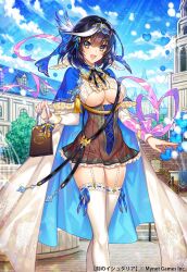 Rule 34 | 1girl, :d, age of ishtaria, bag, balloon, black hair, blue nails, blue ribbon, blue sky, blush, breasts, cape, city, cloud, copyright name, copyright notice, dress, garter straps, hair ribbon, heart balloon, highres, holding, holding bag, large breasts, looking at viewer, munlu (wolupus), nail polish, open mouth, outdoors, purple ribbon, ribbon, sky, smile, solo, standing, svafrlami (age of ishtaria), thighhighs, underboob, white thighhighs, yellow eyes