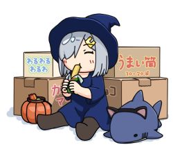 Rule 34 | alternate costume, animal ears, basket, black headwear, black pantyhose, blue dress, box, cardboard box, cat ears, closed eyes, commentary request, dress, eating, grey hair, hair ornament, hair over one eye, hairclip, hama! (3toshinhmkz), hamakaze (kancolle), hat, kantai collection, no nose, pantyhose, short hair, simple background, stuffed animal, stuffed shark, stuffed toy, translation request, white background, witch hat