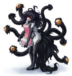 Rule 34 | 1girl, ahoge, apron, arched back, bare shoulders, black hair, blush, colored sclera, colored skin, contrapposto, cyclops, extra eyes, full body, gazer (monster girl encyclopedia), grin, jewelry, long hair, looking at viewer, md5 mismatch, monorus, monster girl, monster girl encyclopedia, naked apron, one-eyed, pink apron, red eyes, ring, slit pupils, smile, solo, standing, tail, tentacles, transparent background, wedding band, white skin, yellow sclera