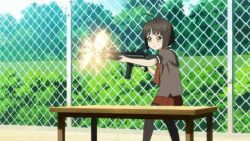 Rule 34 | 1girl, ahoge, animated, animated gif, black hair, child, firing, gun, h&amp;k mp5, heckler &amp; koch, mp5 (upotte!!), pantyhose, school uniform, short hair, solo, submachine gun, table, upotte!!, weapon