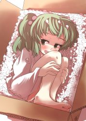Rule 34 | 1girl, blush, box, female focus, full body, gaoo (frpjx283), green eyes, green hair, hair bobbles, hair ornament, highres, in box, in container, kisume, matching hair/eyes, open mouth, packing peanuts, short hair, smile, solo, touhou, twintails