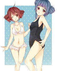 Rule 34 | 2girls, bad id, bad pixiv id, bikini, blue hair, blush, breasts, drill hair, highres, multiple girls, one-piece swimsuit, one eye closed, polka dot, polka dot background, red eyes, red hair, sherypton, small breasts, smile, swimsuit