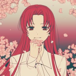 Rule 34 | cardcaptor sakura, earrings, flower, holding, holding flower, jewelry, ktsis, long hair, looking at viewer, mizuki kaho, parted bangs, petals, red eyes, red hair, shirt, solo, string, string of fate, teeth, upper body, white shirt