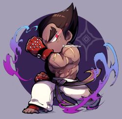 Rule 34 | 1boy, belt, black hair, eye trail, fighting stance, from side, full body, gloves, kotorai, light trail, looking at viewer, male focus, mishima kazuya, muscular, muscular male, no mouth, pants, purple belt, red eyes, red gloves, scar, scar on arm, short hair, signature, solo, standing, studded gloves, tekken, thick eyebrows, topless male, v-shaped eyebrows, white pants