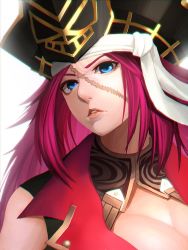 Rule 34 | 1girl, blue eyes, breasts, cleavage, face, fate/grand order, fate (series), francis drake (fate), hat, large breasts, long hair, minami koyogi, pink hair, pirate, pirate hat, red shirt, ribbon, scar, scar on face, shirt, sleeveless, sleeveless shirt, solo, white ribbon