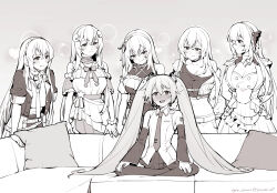 Rule 34 | 6+girls, bare shoulders, black sleeves, blush, breasts, casting couch, cleavage, couch, detached sleeves, ge-b, greyscale, hair ornament, hands on own knees, hatsune miku, headphones, headset, highres, imminent gangbang, implied yuri, indian style, large breasts, long hair, looking at viewer, megurine luka, meme, monochrome, multiple girls, multiple persona, necktie, on couch, open mouth, piper perri surrounded (meme), shirt, sitting, skirt, sleeveless, smile, surrounded, thighhighs, twintails, very long hair, vocaloid, you gonna get raped, yuri