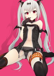 Rule 34 | 1girl, alice (queen&#039;s gate), armband, bare shoulders, bat hair ornament, belt, black gloves, black legwear, black panties, boots, cameltoe, choker, finger to mouth, flat chest, gloves, grey hair, hair ornament, heart, heart-shaped pupils, highres, itsui (dihydrogenmonoxid), knee boots, leaning back, long hair, looking at viewer, minase yuu, navel, open clothes, open vest, panties, pink background, queen&#039;s blade, queen&#039;s gate, red eyes, shadow, simple background, sitting, solo, symbol-shaped pupils, thigh strap, twintails, underwear, very long hair, vest, wariza