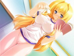 Rule 34 | 1girl, blonde hair, blue eyes, blush, book, bottomless, breasts, ceiling, chalk, dutch angle, covered erect nipples, foreshortening, from below, game cg, gym uniform, large breasts, long hair, pussy, solo, sweat, uncensored