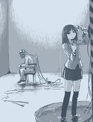 Rule 34 | 1girl, cable, collared shirt, electrocution, hamsterfragment, monochrome, original, school uniform, shirt, suicidal girl (hamsterfragment), suicide, thighhighs, wading