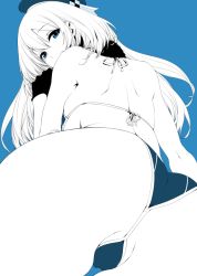 Rule 34 | 10s, 1girl, :d, adapted costume, ass, atago (kancolle), bikini, black gloves, blue background, blue bikini, blue eyes, blue theme, from behind, from below, fur trim, gloves, goshiki suzu, hat, kantai collection, looking at viewer, looking back, looking down, micro bikini, monochrome, open mouth, otogeri (artist), otogeri (eee ddd), partially visible vulva, simple background, smile, solo, standing, swimsuit