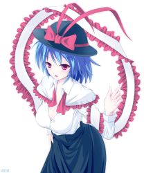 Rule 34 | 1girl, blue hair, blush, bow, breasts, capelet, cleavage, cowboy shot, frills, ginzake (mizuumi), hand on own hip, hat, hat bow, hat ribbon, index finger raised, leaning forward, long sleeves, looking at viewer, medium breasts, nagae iku, parted lips, purple hair, red bow, red eyes, red ribbon, ribbon, shawl, short hair, solo, touhou