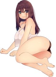 1girl ass bare_arms bare_legs bare_shoulders barefoot black_eyes black_panties blush breasts bright_pupils brown_hair cleavage closed_mouth collarbone commentary english_commentary full_body hair_between_eyes hair_over_shoulder highres kanno_aki large_breasts legs long_hair looking_at_viewer lying on_side original panties simple_background solo tank_top toes underwear underwear_only waifubot white_background white_pupils white_tank_top