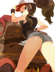 Rule 34 | 10s, 1girl, adjusting clothes, adjusting headwear, arched back, armband, ass, bag, bare legs, bare shoulders, brown eyes, brown hair, creatures (company), crustle, cutoffs, denim, denim shorts, from behind, from below, game freak, gen 5 pokemon, hat, highres, hilda (pokemon), kneepits, legs, long hair, long legs, looking back, nintendo, pokemon, pokemon (creature), pokemon bw, ponytail, short shorts, shorts, sleeveless, smug, thighs, tomioka jirou