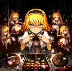 Rule 34 | 1girl, album cover, alice margatroid, blonde hair, blue dress, blue eyes, bow, capelet, cover, dj, doll joints, dress, female focus, glowing, glowing eye, hair bow, hair ribbon, hairband, hanging, headphones, hourai doll, iosys, joints, long hair, marionette, missing eye, petals, phonograph, puppet, puppet strings, red dress, ribbon, shaded face, shanghai doll, short hair, sitting, smile, solo focus, torn clothes, touhou, turntable, ume (illegal bible)