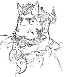 Rule 34 | 1boy, bara, beard, blue oni (saltypoundcake), chest hair, facial hair, full beard, greyscale, jewelry, large pectorals, looking ahead, magatama, magatama necklace, male focus, mature male, monochrome, monster boy, muscular, muscular male, mustache stubble, necklace, oni, original, pectorals, pointy ears, portrait, saltypoundcake, short hair, sketch, solo, sparse chest hair, stubble, thick beard, thick eyebrows, thick neck