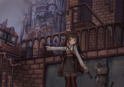 Rule 34 | 1girl, :o, animal ears, bad id, bad pixiv id, bag, belt, beret, black hair, black skirt, blush, boots, brick wall, brown belt, brown footwear, brown hat, building, castle, cat ears, cat tail, cloud, cloudy sky, collared shirt, commentary request, damaged, dirty, frilled skirt, frills, hat, holding hands, house, jewelry, lamppost, long hair, long sleeves, looking at another, machinery, messenger bag, open mouth, orange eyes, original, outdoors, pantyhose, pendant, pointing, railing, robot, scenery, shirt, shoulder bag, skirt, sky, smoke, solo, stairs, standing, suspender skirt, suspenders, tail, thigh boots, thighhighs, tower, twintails, usagino suzu, white shirt, white thighhighs, window, wrench