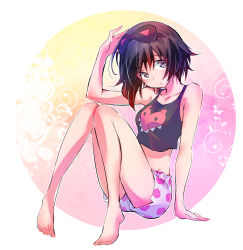 Rule 34 | 1girl, absurdres, arm support, arm up, bare arms, bare legs, barefoot, black hair, crop top, eye mask, floral print, full body, gradient hair, highres, iesupa, knees together feet apart, knees up, looking at viewer, mask, mask on head, midriff, multicolored hair, red hair, rose print, ruby rose, rwby, short hair, shorts, grey eyes, sitting, sleepwear, solo, tank top, two-tone hair