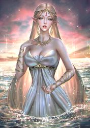 Rule 34 | 1girl, aqua eyes, artist name, bare shoulders, blonde hair, breasts, commentary, dress, jewelry, lake, large breasts, long hair, necklace, nintendo, outdoors, parted lips, partially submerged, patreon username, pointy ears, princess zelda, red lips, serafleur, solo, the legend of zelda, the legend of zelda: breath of the wild, very long hair, water, watermark, web address, white dress