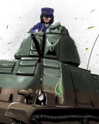 Rule 34 | 10s, 1girl, andou (girls und panzer), bc freedom (emblem), bc freedom military uniform, black hair, blue hat, blue jacket, blue vest, brown eyes, closed mouth, commentary request, dark-skinned female, dark skin, dress shirt, emblem, girls und panzer, hat, high collar, jacket, leaf, light frown, long sleeves, looking at viewer, medium hair, military, military hat, military uniform, military vehicle, motor vehicle, s35, shako cap, shirt, solo, spade (shape), tank, uniform, vest, white background, white shirt, wind, yaruku