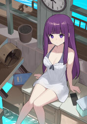 Rule 34 | 1girl, absurdres, book, breasts, cellphone, cleavage, clock, closed mouth, collarbone, dress, fern (sousou no frieren), highres, long hair, looking at viewer, medium breasts, nagisa (cxcx5235), phone, purple eyes, purple hair, sitting, sleeveless, smartphone, soaking feet, solo, sousou no frieren, sundress, water, white dress