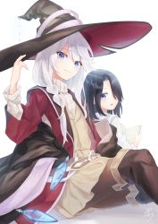 Rule 34 | 2girls, absurdres, black hair, blue eyes, book, braid, brown legwear, flat chest, fran (majo no tabitabi), hair between eyes, hair over one eye, hand up, hat, highres, holding, holding book, holding clothes, holding hat, long hair, long sleeves, looking at viewer, looking back, majo no tabitabi, medium hair, minau37, mole, mole under eye, multiple girls, nike (majo no tabitabi), open mouth, pantyhose, simple background, sitting, smile, white background, white hair, witch hat