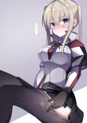Rule 34 | 1girl, absurdres, black gloves, black skirt, blonde hair, blue eyes, blush, breasts, clothes pull, fathom, gloves, graf zeppelin (kancolle), hair between eyes, high collar, highres, invisible chair, kantai collection, large breasts, long hair, looking at viewer, military, military uniform, pantyhose, pantyhose pull, sidelocks, simple background, sitting, skirt, solo, twintails, undressing, uniform