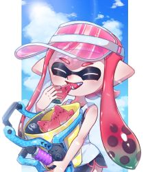Rule 34 | 1girl, black shorts, blue sky, blunt bangs, bucket, cloud, cloudy sky, commentary, day, dolphin shorts, eating, facing viewer, fangs, food, fruit, gradient hair, green hair, hat, highres, holding, holding bucket, holding food, inkling, inkling girl, inkling player character, long hair, multicolored hair, nintendo, open mouth, outdoors, outside border, pink hat, pointy ears, red hair, rupeshan, shirt, short shorts, shorts, sky, slosher (splatoon), smile, solo, splatoon (series), standing, tank top, tentacle hair, visor cap, watermelon, white shirt