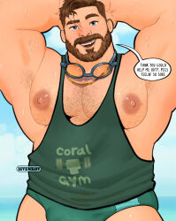 Rule 34 | 1boy, arm hair, armpit stubble, armpits, bara, bare pectorals, beach, beard, belly, brown hair, come hither, coral island, facial hair, full beard, goggles, goggles around neck, green male swimwear, green tank top, isvenkov, large areolae, large pectorals, looking at viewer, male focus, male swimwear, mark (coral island), muscular, muscular male, nipples, paid reward available, pectoral, pectorals, presenting armpit, puffy chest, seductive smile, short hair, smile, solo, sparse chest hair, sweat, swim briefs, tank top, thick beard