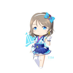 Rule 34 | 1girl, ;d, absurdres, aozora jumping heart, artist request, blue eyes, blue shirt, blue shorts, boots, bow, brown hair, chibi, earrings, female focus, frilled skirt, frills, full body, hair bow, highres, jewelry, knee boots, love live!, love live! sunshine!!, miniskirt, one eye closed, open mouth, parted bangs, pleated skirt, shirt, short hair, short shorts, short sleeves, shorts, shorts under skirt, skirt, smile, solo, striped clothes, striped thighhighs, thighhighs, watanabe you, white footwear, white skirt, wrist cuffs