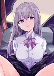 Rule 34 | 1girl, alternate hair length, alternate hairstyle, bow, breasts, collared shirt, commentary request, gridman universe, highres, himiya jouzu, jacket, knees up, large breasts, long hair, long sleeves, looking at viewer, no legwear, off shoulder, open clothes, open jacket, open mouth, purple bow, purple eyes, purple hair, purple jacket, school uniform, shinjou akane, shirt, sitting, smile, solo, ssss.gridman, uniform, upper body, white shirt