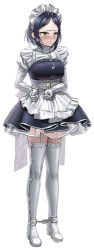 Rule 34 | 1girl, apron, bdsm, black hair, blush, bondage, boots, bound, breasts, chain, chained ankles, chained wrists, cuffs, elbow gloves, framed breasts, frills, full body, garter straps, gloves, hayami kanade, high heel boots, high heels, hobble, idolmaster, idolmaster cinderella girls, itou tatsuya, lock, locking clothes, maid, maid headdress, padlock, paid reward available, short hair, simple background, solo, tears, thigh boots, thighhighs, white background, yellow eyes