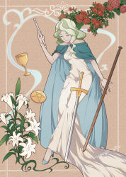 Rule 34 | 10s, 1girl, alternate costume, art nouveau, blonde hair, blue footwear, cape, cup, diana cavendish, dress, closed eyes, flower, full body, green hair, high heels, highres, little witch academia, long dress, long hair, magic, off shoulder, pentacle, pentagram, red rose, rose, sanriyueguyun, shoes, signature, solo, staff, sword, wand, weapon, white dress