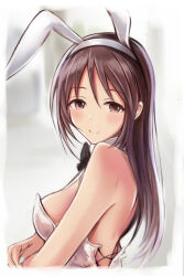 Rule 34 | 1girl, alternate hairstyle, animal ears, backless outfit, bare shoulders, black bow, black bowtie, blue nails, blurry, blurry background, blush, bow, bowtie, breasts, brown eyes, brown hair, closed mouth, collar, detached collar, dot nose, fake animal ears, from side, hairband, idolmaster, idolmaster cinderella girls, idolmaster cinderella girls starlight stage, large breasts, leotard, long hair, looking at viewer, mifune miyu, nannacy7, rabbit ears, sideboob, sidelocks, smile, solo, upper body, white collar, white hairband, white leotard