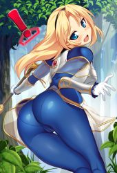 Rule 34 | !, 1girl, armor, ass, blonde hair, blue eyes, blush, bodysuit, breasts, cameltoe, from behind, hairband, league of legends, long hair, looking back, lux (league of legends), medium breasts, open mouth, pantylines, solo, staff, wand