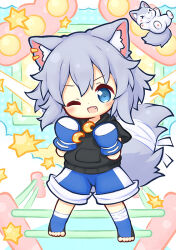 1girl ;d aikei_ake animal animal_ear_fluff animal_ears bandaged_leg bandages black_hoodie blue_eyes blue_socks blush boxing_gloves chibi commentary_request commission crescent drawstring fang full_body hair_between_eyes hands_up hood hood_down hoodie looking_at_viewer one_eye_closed open_mouth original short_sleeves skeb_commission smile socks solo standing star_(symbol) tail toeless_legwear wolf wolf_ears wolf_girl wolf_tail