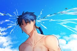 Rule 34 | 1boy, bad id, bad twitter id, blue hair, close-up, cloud, cloudy sky, cu chulainn (fate), cu chulainn (fate/stay night), day, earrings, fate/grand order, fate/stay night, fate (series), highres, jewelry, large pectorals, male focus, muscular, pectorals, ponytail, red eyes, rijjin, short hair, sky, solo, topless male, water, wet, wet hair