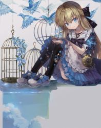 Rule 34 | 1girl, alice (alice in wonderland), alice in wonderland, bird, black bow, black thighhighs, blonde hair, blue bow, blue dress, blue eyes, blue flower, blurry, blurry background, bow, cage, closed mouth, cloud, collarbone, dress, floral print, flower, frilled dress, frills, gem, glass, grey background, grey footwear, hair between eyes, hair bow, hyatsu, lens flare, long hair, looking at viewer, pink flower, pocket watch, reflection, ripples, sitting, smile, solo, striped, striped bow, thighhighs, watch, water, yellow flower