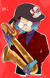 Rule 34 | 1girl, aqua hair, baritone saxophone, black hair, black hat, cropped legs, fang, glasses, gradient hair, hat, highres, holding, holding instrument, instrument, jacket, multicolored hair, nintendo, opaque glasses, outline, plaid, plaid jacket, purple sweater, red background, red jacket, saxophone, simple background, solo, splatoon (series), splatoon 3, sweater, syusankusu, tosh (splatoon), white outline