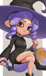 Rule 34 | 1girl, absurdres, black dress, breasts, broom, broom riding, crossed legs, dress, gonzarez, hat, highres, nintendo, octoling, octoling girl, octoling player character, octopus, simple background, small breasts, solo, splatoon (series), suction cups, tentacle hair, white background, witch, witch hat