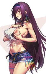 Rule 34 | 1girl, bare shoulders, breasts, cutoffs, denim, denim shorts, dynamitenatalia, fate/grand order, fate (series), hair between eyes, highres, large breasts, long hair, looking at viewer, navel, nipples, one breast out, open mouth, purple hair, red eyes, scathach (event portrait) (fate), scathach (fate), short shorts, shorts, smile, thighs