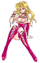 Rule 34 | 1girl, blonde hair, boots, breasts, cameltoe, cross-laced footwear, elbow gloves, gloves, kujaku mai, lace-up boots, large breasts, latex, long hair, no bra, pink footwear, solo, thigh boots, thighhighs, yu-gi-oh!, yu-gi-oh! duel monsters