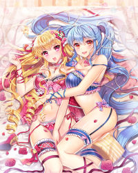 Rule 34 | 2girls, :d, :o, ass, babydoll, bad id, bad pixiv id, beads, between breasts, blonde hair, blue hair, blush, bow, bra, breasts, bridal garter, cinia pacifica, cleavage, drill hair, flower, frilled panties, frills, garter belt, garter straps, hair beads, hair ornament, hand on another&#039;s shoulder, holding, large breasts, lingerie, long hair, looking at viewer, luthica preventer, lying, multiple girls, navel, on back, on side, open mouth, panties, petals, pink eyes, pinstripe pattern, red eyes, ribbon, rose, rose petals, shiny skin, side-tie panties, smile, striped bra, striped clothes, sword girls, thigh gap, thighhighs, twintails, underwear, underwear only, untied, very long hair, wrist ribbon, yeonwa
