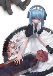 Rule 34 | 1boy, 1girl, absurdres, apron, black gloves, black pants, black socks, blood, blood on clothes, bloody clothes, bloody dress, bloody weapon, blue hair, blunt bangs, blunt ends, blush, bow, bowtie, circle skirt, closed mouth, dress, dress shoes, gloves, greatsword, hand on blade, headphones, high collar, highres, holding, holding sword, holding weapon, looking at object, looking down, magan0301, maid, maid apron, maid headdress, murder, on ground, original, out of frame, pants, pool of blood, puffy short sleeves, puffy sleeves, purple eyes, red bow, red bowtie, short sleeves, single glove, socks, sword, underbust, weapon