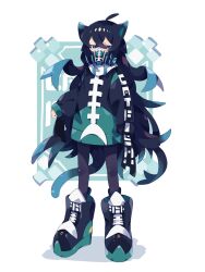 Rule 34 | 1girl, ahoge, animal ears, aqua hair, black eyes, black footwear, black hair, black jacket, black pantyhose, boots, bright pupils, commentary, covered mouth, crossed bangs, drawstring, full body, gradient tail, green jacket, hair between eyes, highres, jacket, jitome, large shoes, long hair, long sleeves, looking at viewer, original, oversized footwear, pantyhose, respirator, rubber boots, shoes, sleeves past wrists, solo, standing, symbol-only commentary, tail, uenomigi, very long hair, white pupils