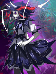 Rule 34 | 1girl, absurdres, black hair, black skirt, closed mouth, commentary, from side, highres, horns, kijin seija, looking at viewer, multicolored background, multicolored hair, red hair, ringed eyes, short sleeves, skirt, solo, streaked hair, touhou, white hair, ycabcadc